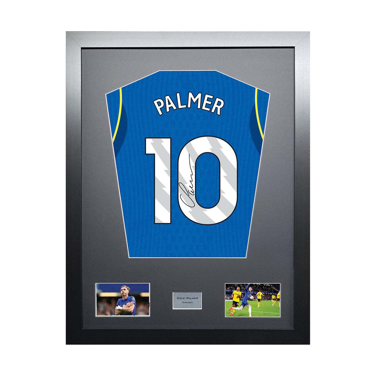 Cole Palmer Standard framed football shirt display with machine-applied signature on white background