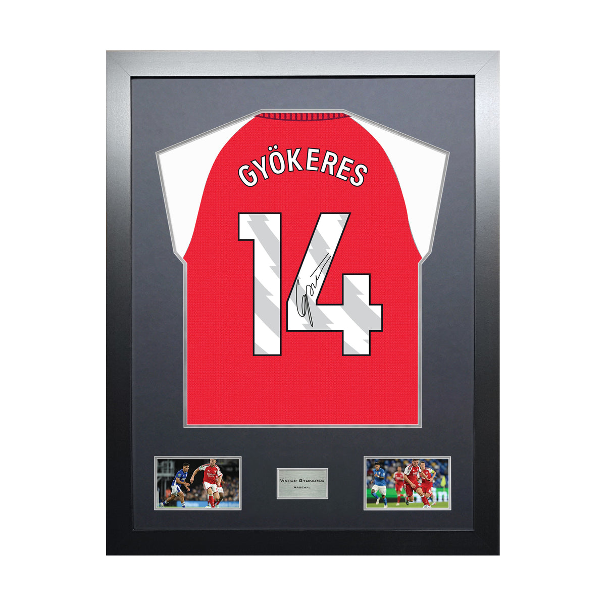 Viktor Gyokeres Highline framed football shirt display with machine-applied signature and black/silver mount on white background