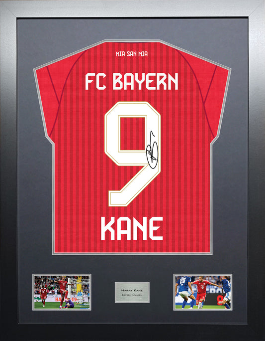 Harry Kane Highline framed football shirt display with machine-applied signature and black/silver mount