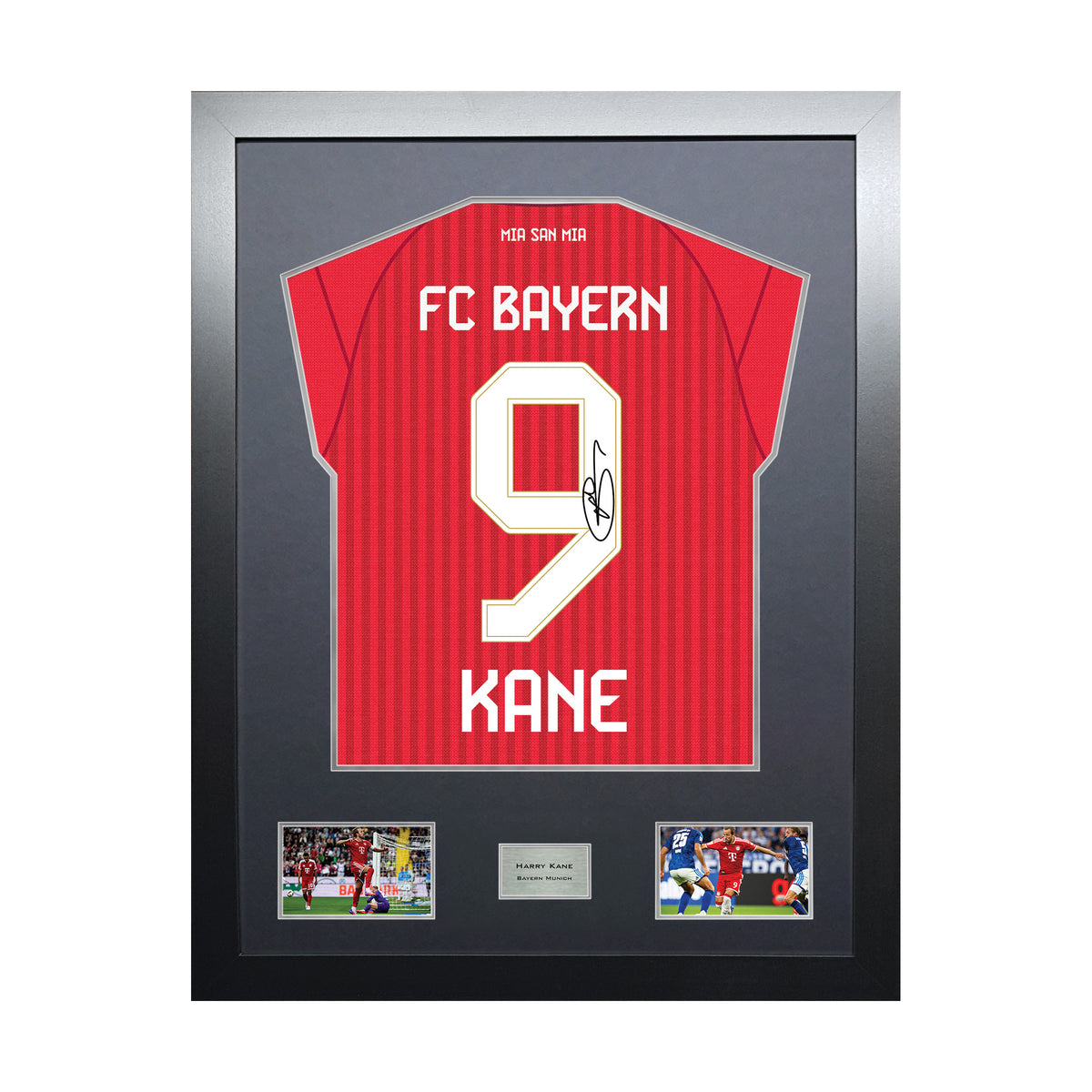 Harry Kane Highline framed football shirt display with machine-applied signature and black/silver mount on white background