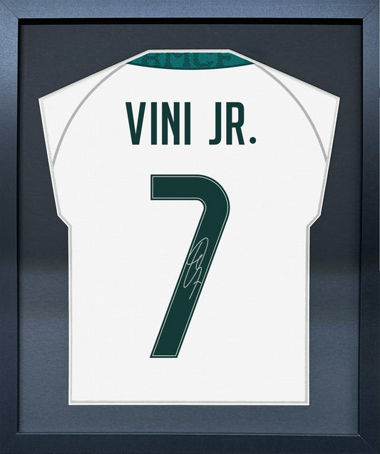 Vinicius Junior compact Gift 450 framed football display with black/silver mount and machine-applied pen signature