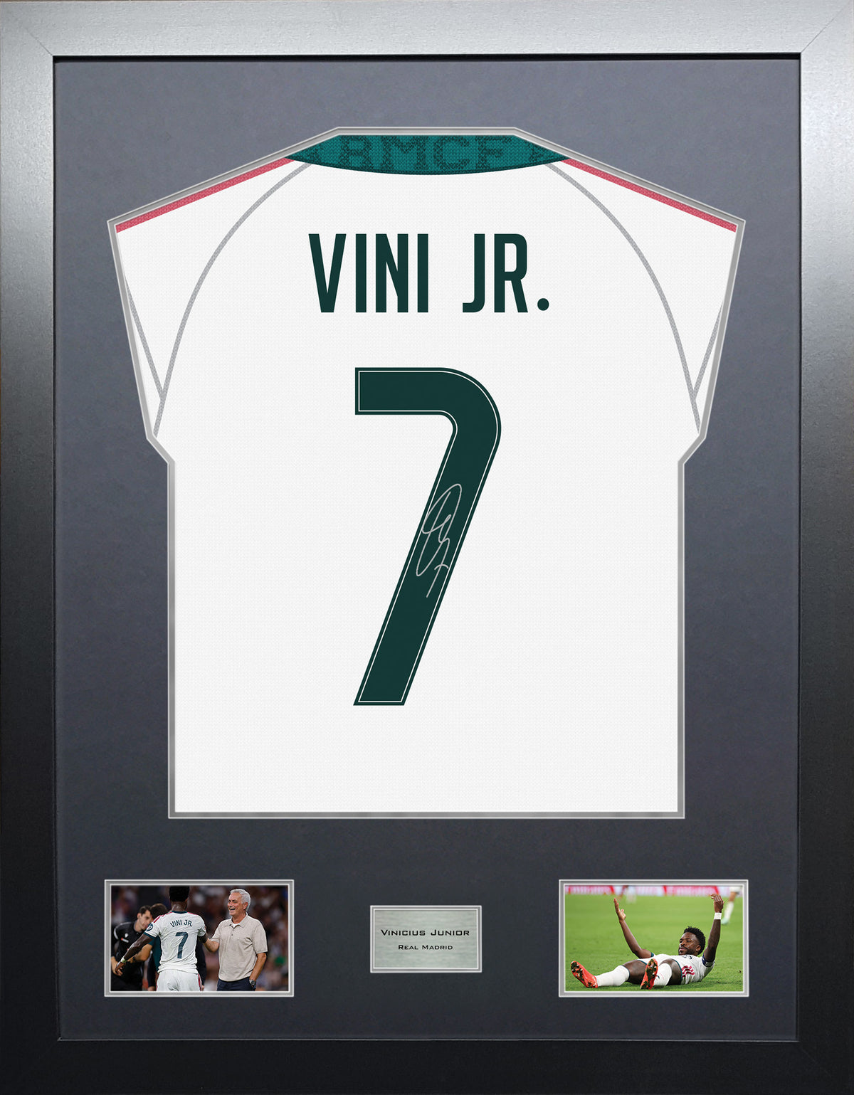 Vinicius Junior Highline framed football shirt display with machine-applied signature and black/silver mount