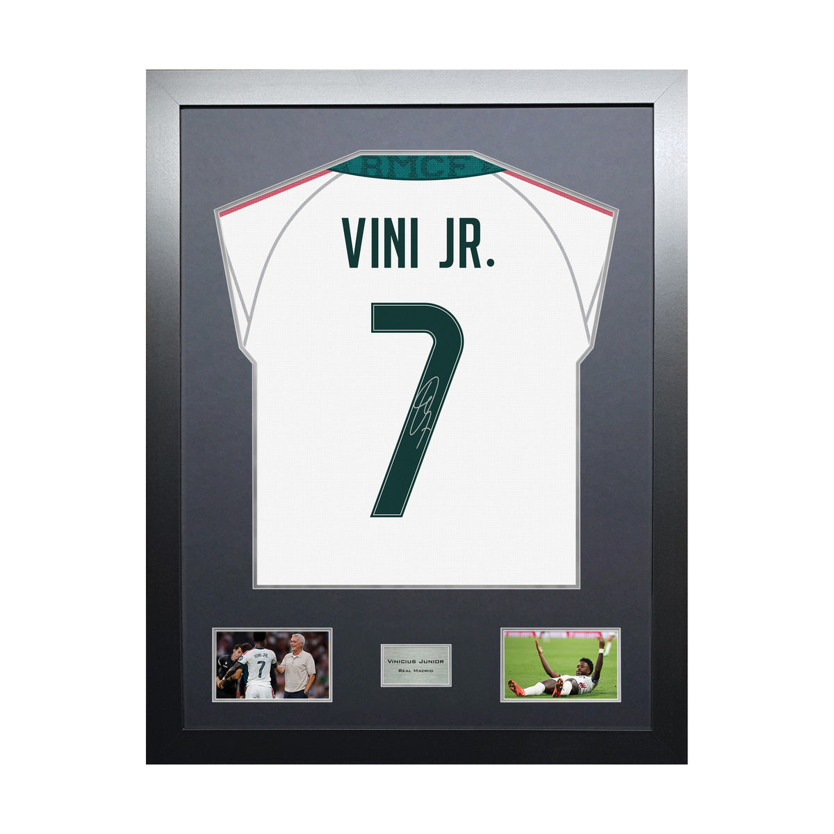 Vinicius Junior Highline framed football shirt display with machine-applied signature and black/silver mount on white background