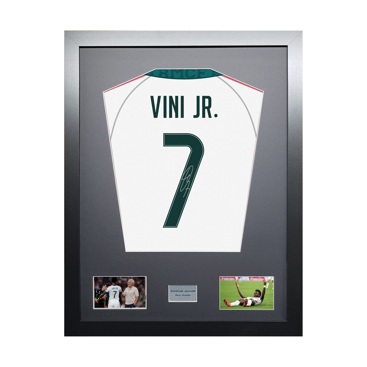 Vinicius Junior Standard framed football shirt display with machine-applied signature on white background