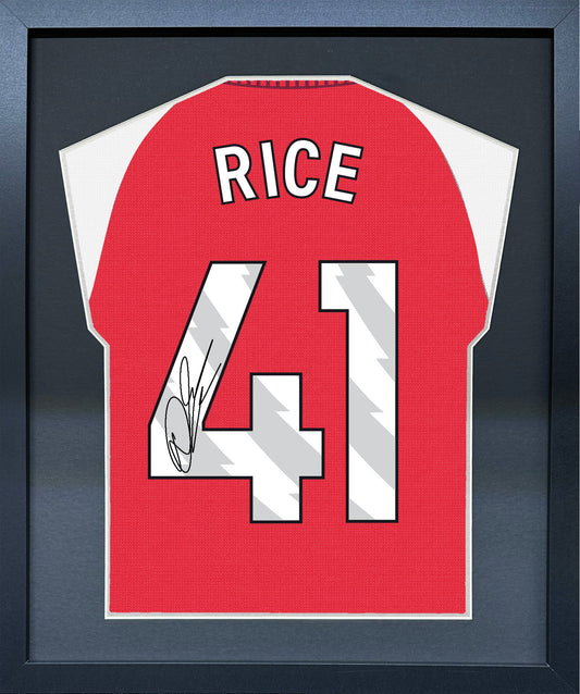 Declan Rice compact Gift 450 framed football display with black/silver mount and machine-applied pen signature