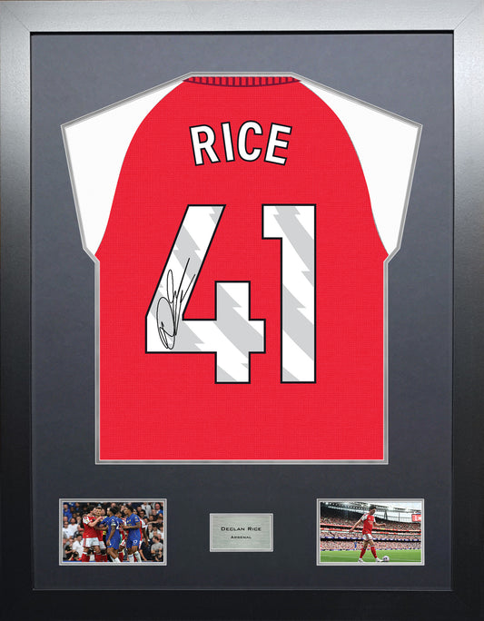 Declan Rice Highline framed football shirt display with machine-applied signature and black/silver mount