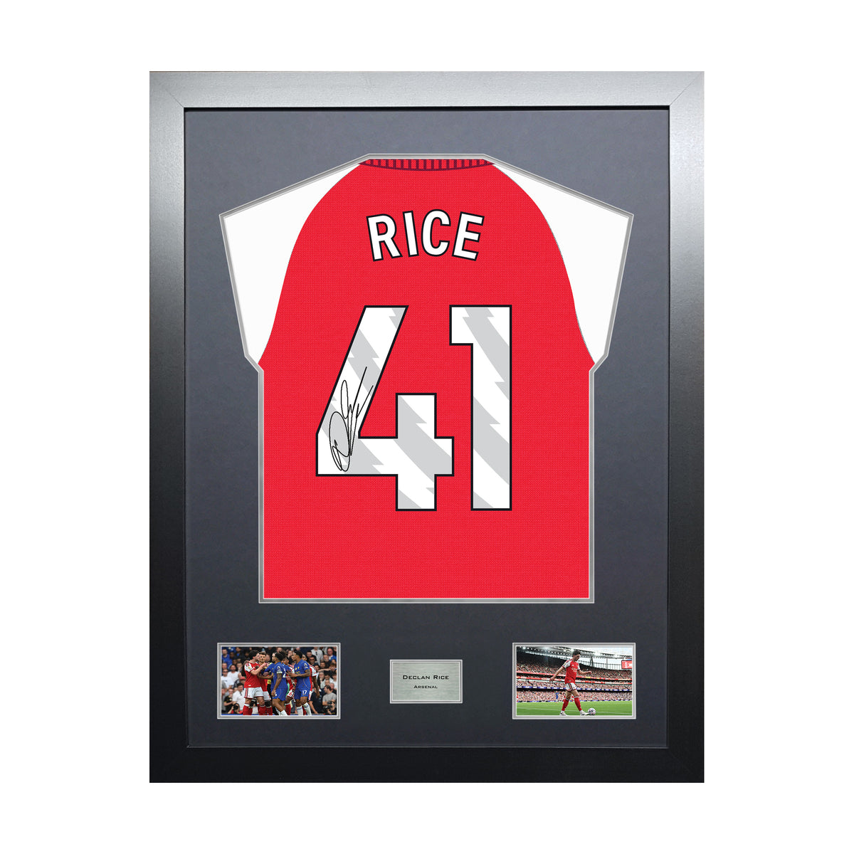Declan Rice Highline framed football shirt display with machine-applied signature and black/silver mount on white background