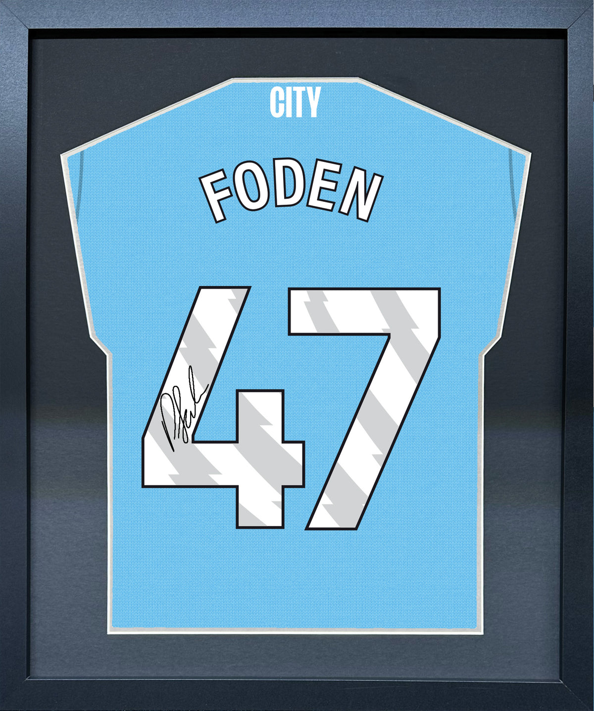 Phil Foden compact Gift 450 framed football display with black/silver mount and machine-applied pen signature