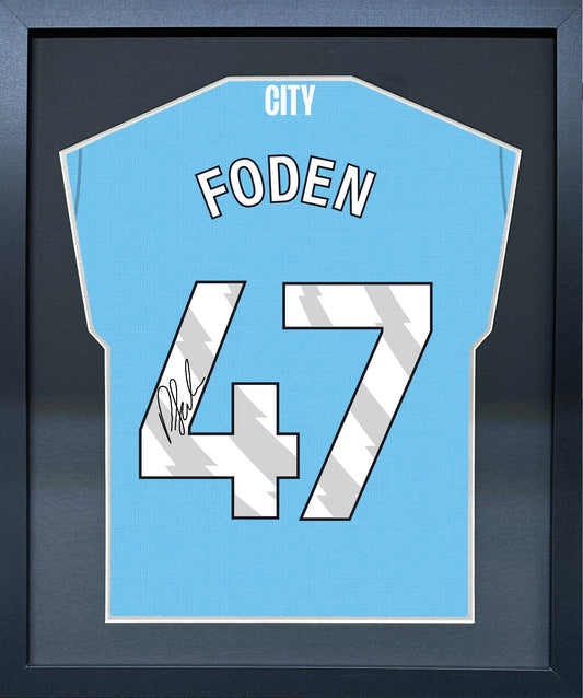 Phil Foden compact Gift 450 framed football display with black/silver mount and machine-applied pen signature