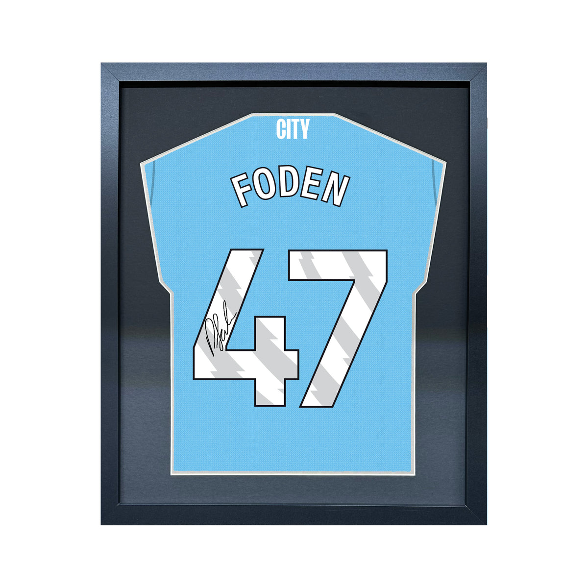 Phil Foden compact Gift 450 framed football display with black/silver mount and machine-applied pen signature on white background