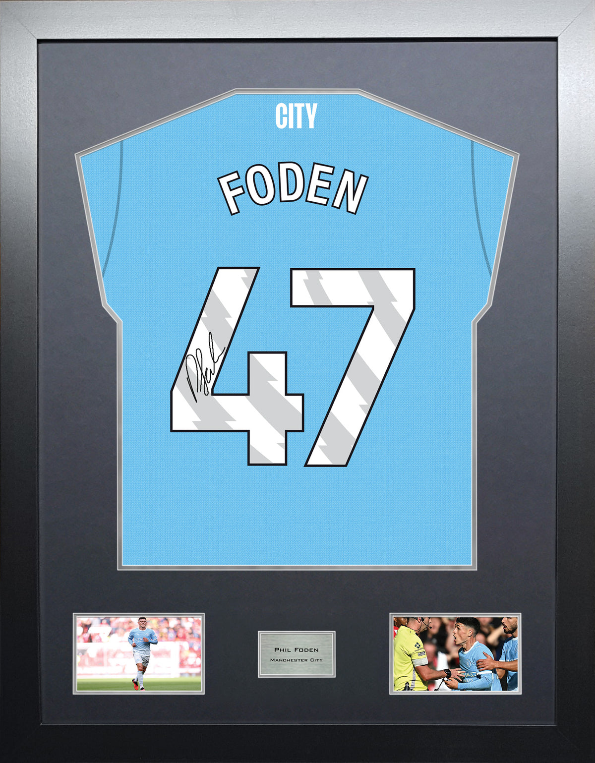 Phil Foden Highline framed football shirt display with machine-applied signature and black/silver mount