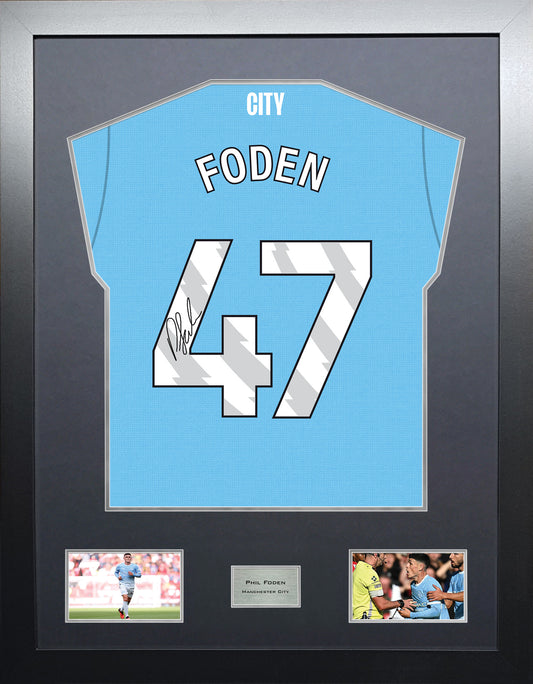 Phil Foden Highline framed football shirt display with machine-applied signature and black/silver mount
