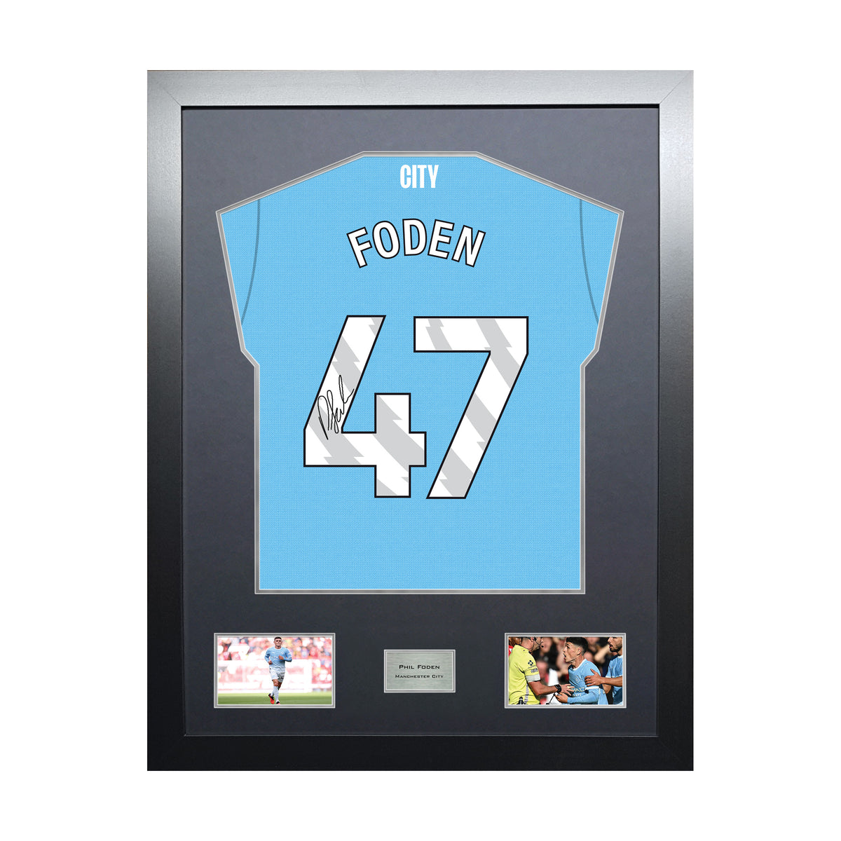 Phil Foden Highline framed football shirt display with machine-applied signature and black/silver mount on white background