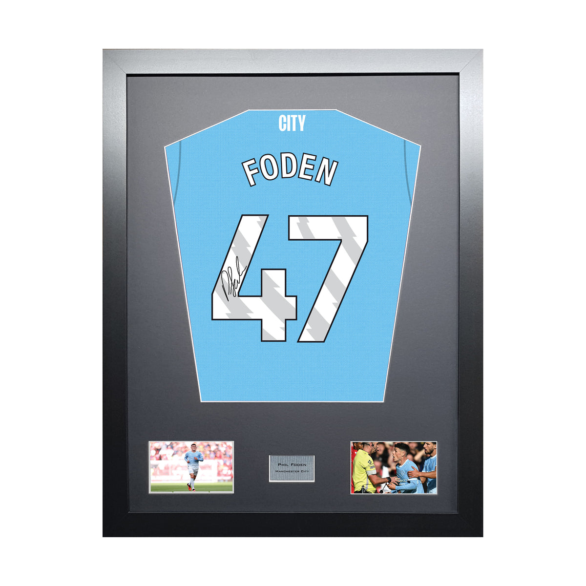 Phil Foden Standard framed football shirt display with machine-applied signature on white background