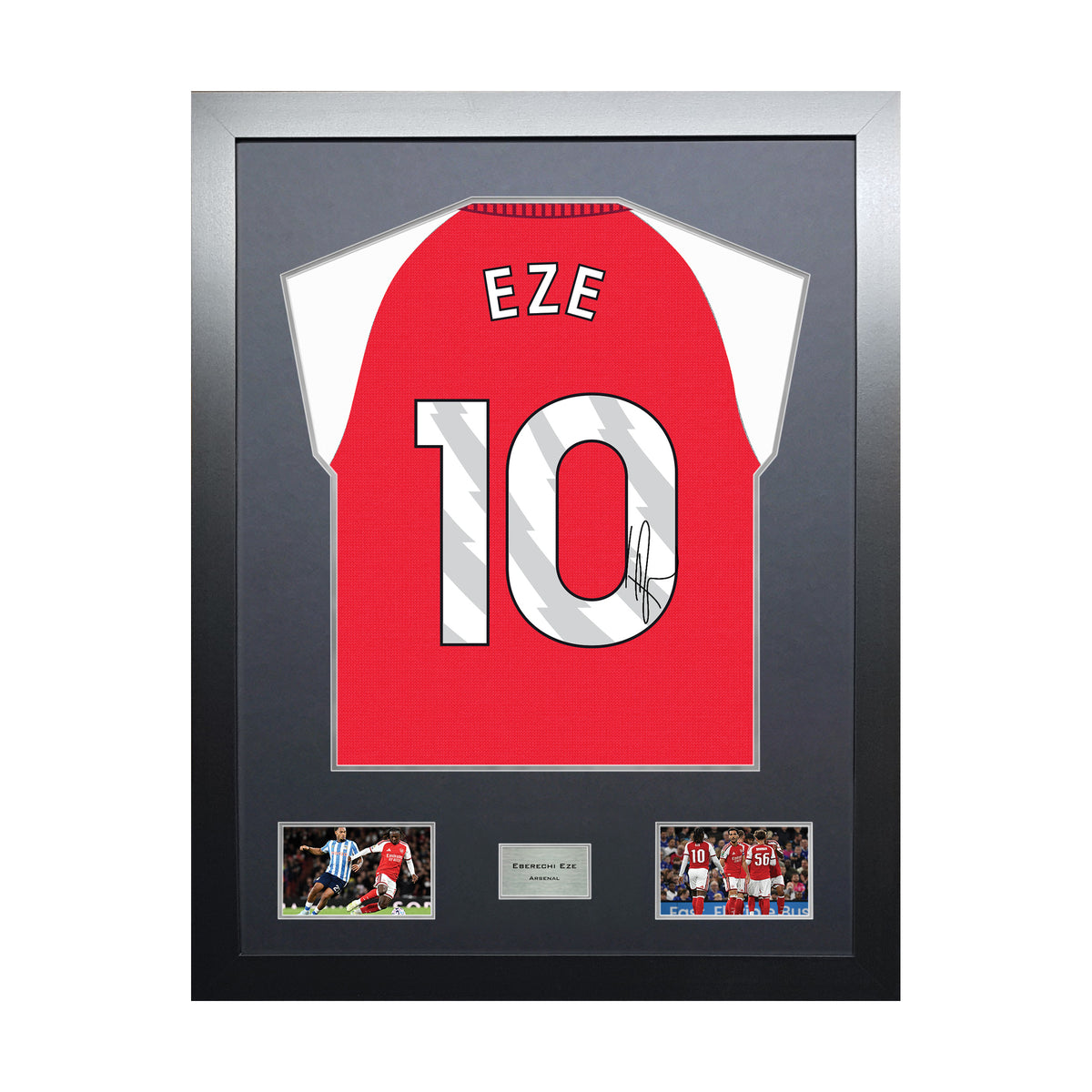 Eberechi Eze Highline framed football shirt display with machine-applied signature and black/silver mount on white background