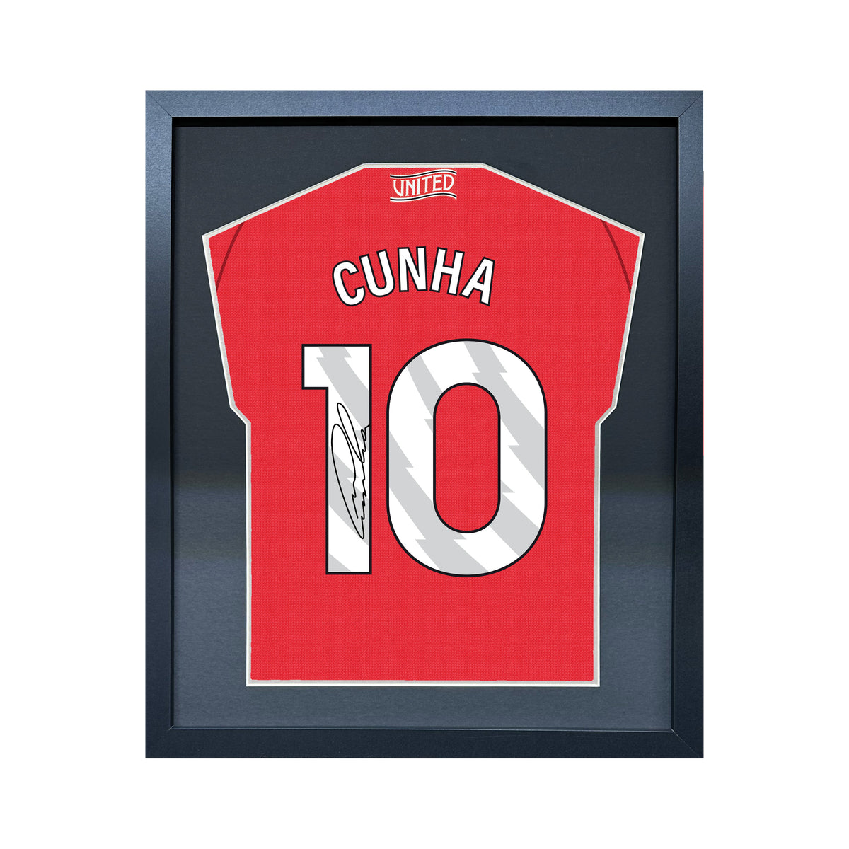 Matheus Cunha compact Gift 450 framed football display with black/silver mount and machine-applied pen signature on white background
