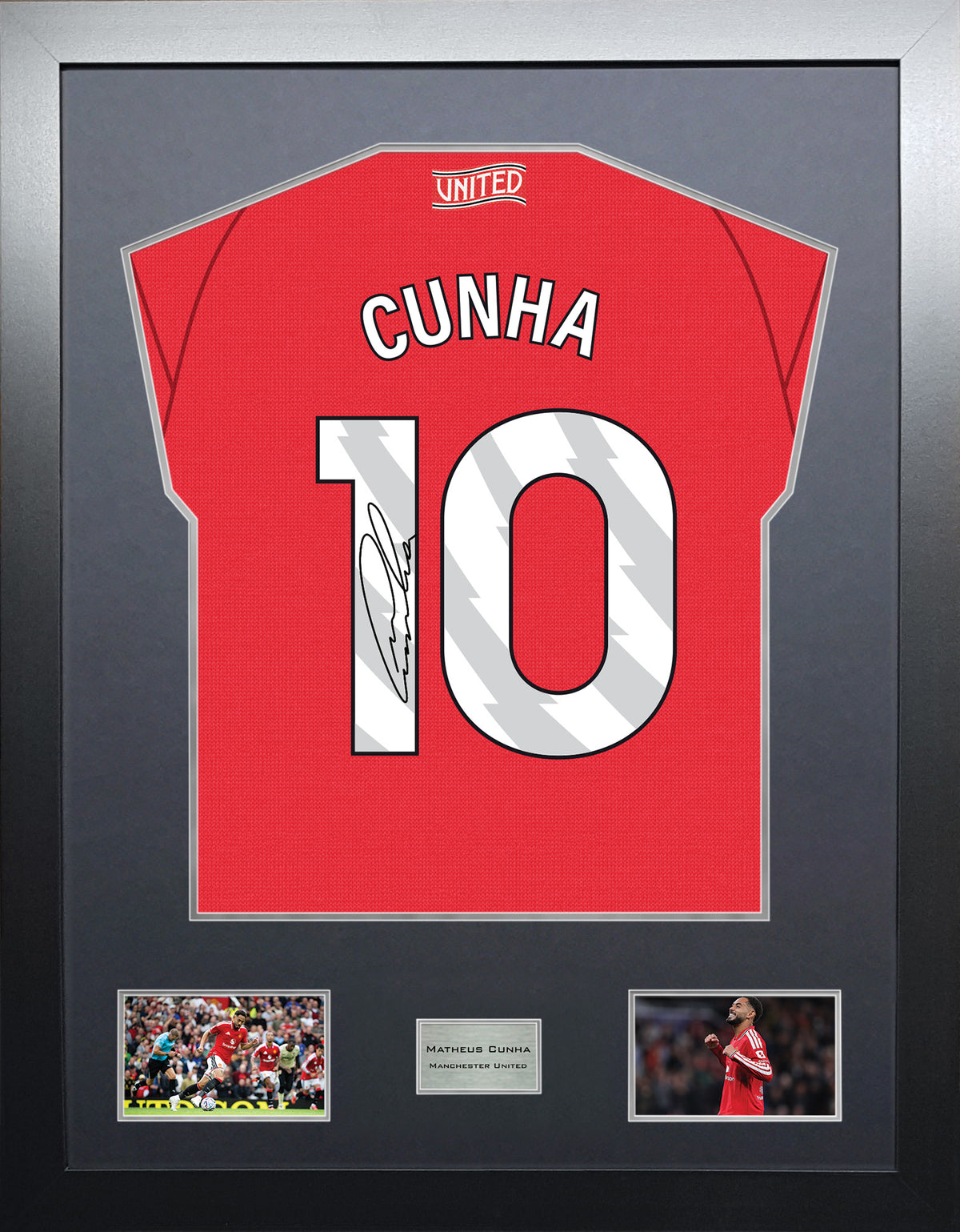Matheus Cunha Highline framed football shirt display with machine-applied signature and black/silver mount