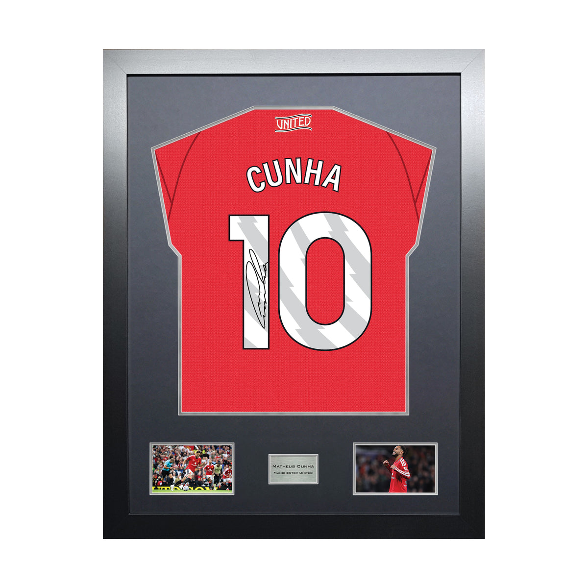 Matheus Cunha Highline framed football shirt display with machine-applied signature and black/silver mount on white background