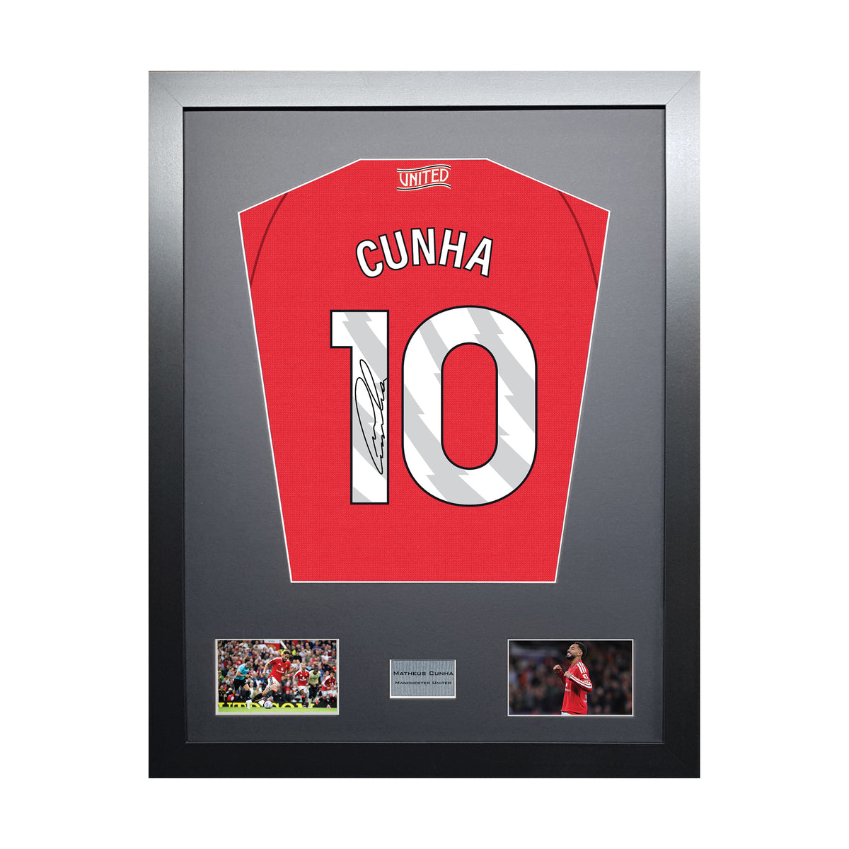 Matheus Cunha Standard framed football shirt display with machine-applied signature on white background