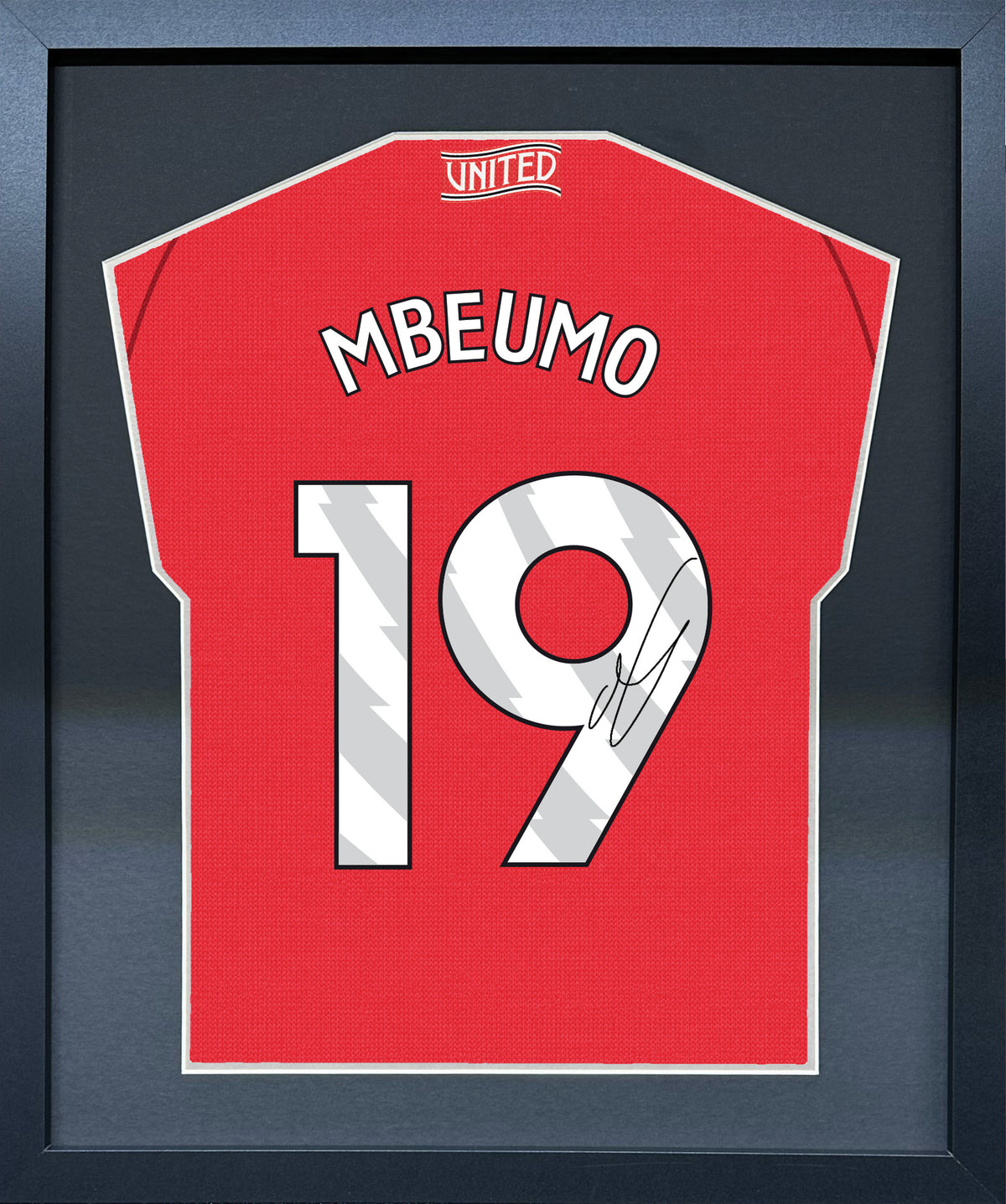 Bryan Mbeumo compact Gift 450 framed football display with black/silver mount and machine-applied pen signature
