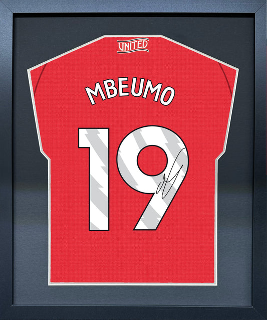 Bryan Mbeumo compact Gift 450 framed football display with black/silver mount and machine-applied pen signature