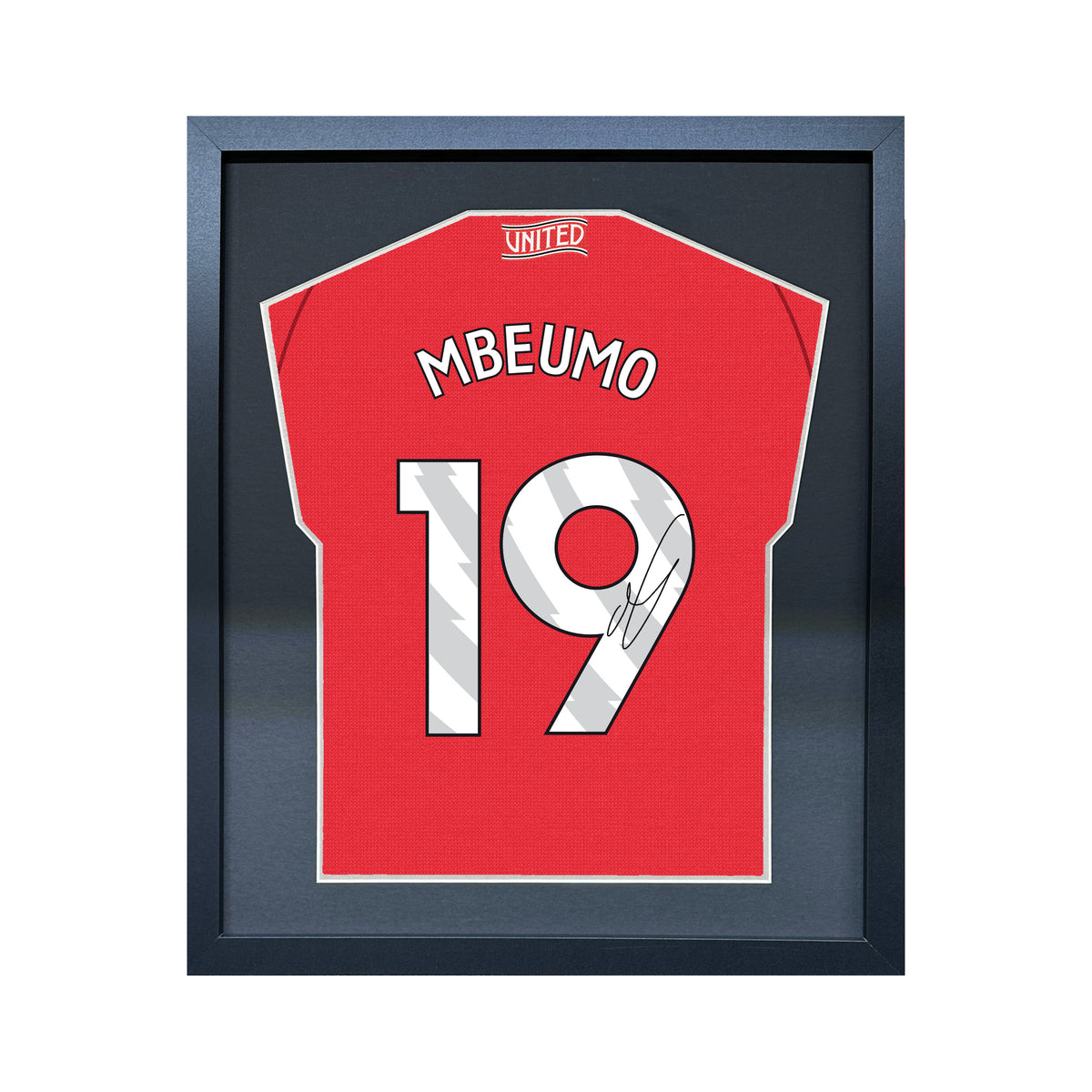 Bryan Mbeumo compact Gift 450 framed football display with black/silver mount and machine-applied pen signature on white background