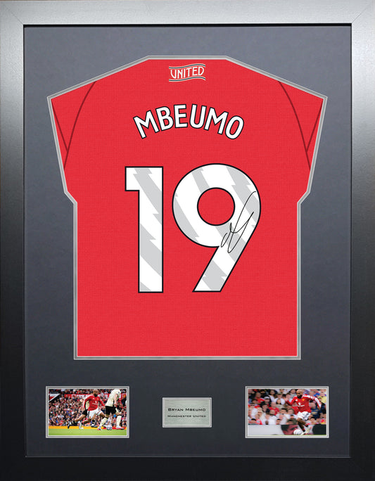 Bryan Mbeumo Highline framed football shirt display with machine-applied signature and black/silver mount