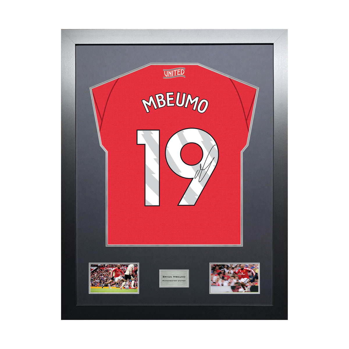 Bryan Mbeumo Highline framed football shirt display with machine-applied signature and black/silver mount on white background