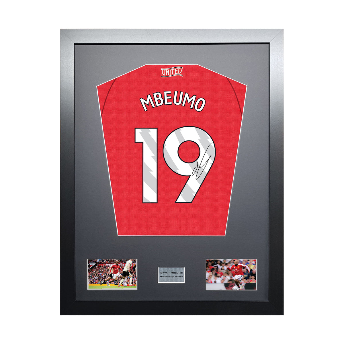 Bryan Mbeumo Standard framed football shirt display with machine-applied signature on white background