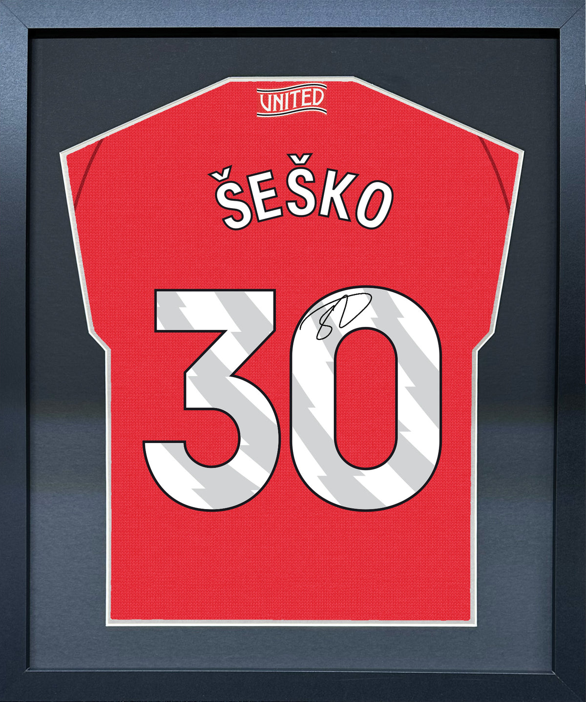 Benjamin Sesko compact Gift 450 framed football display with black/silver mount and machine-applied pen signature