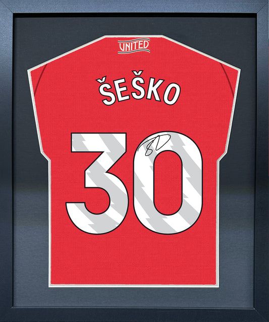 Benjamin Sesko compact Gift 450 framed football display with black/silver mount and machine-applied pen signature