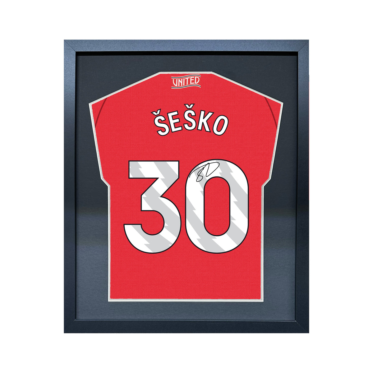 Benjamin Sesko compact Gift 450 framed football display with black/silver mount and machine-applied pen signature on white background