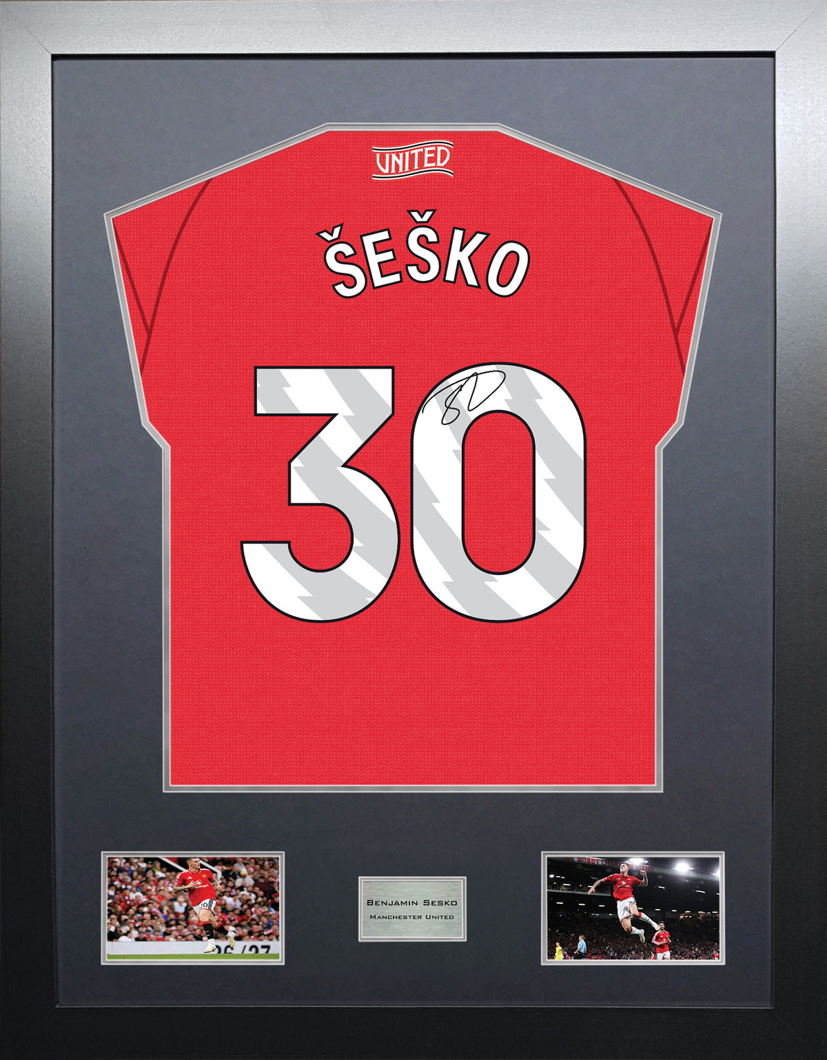 Benjamin Sesko Highline framed football shirt display with machine-applied signature and black/silver mount