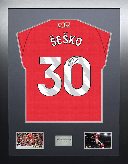 Benjamin Sesko Highline framed football shirt display with machine-applied signature and black/silver mount