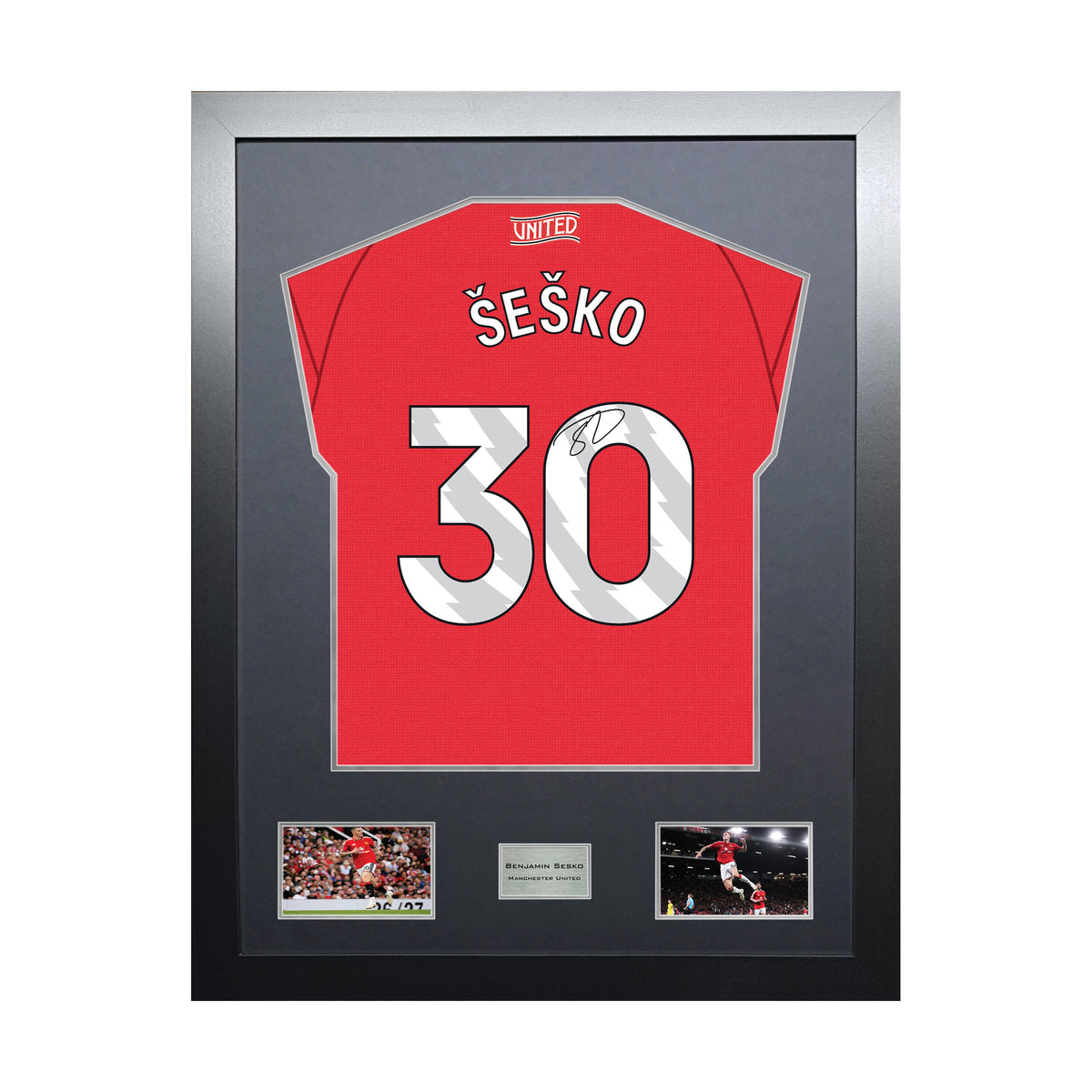 Benjamin Sesko Highline framed football shirt display with machine-applied signature and black/silver mount on white background