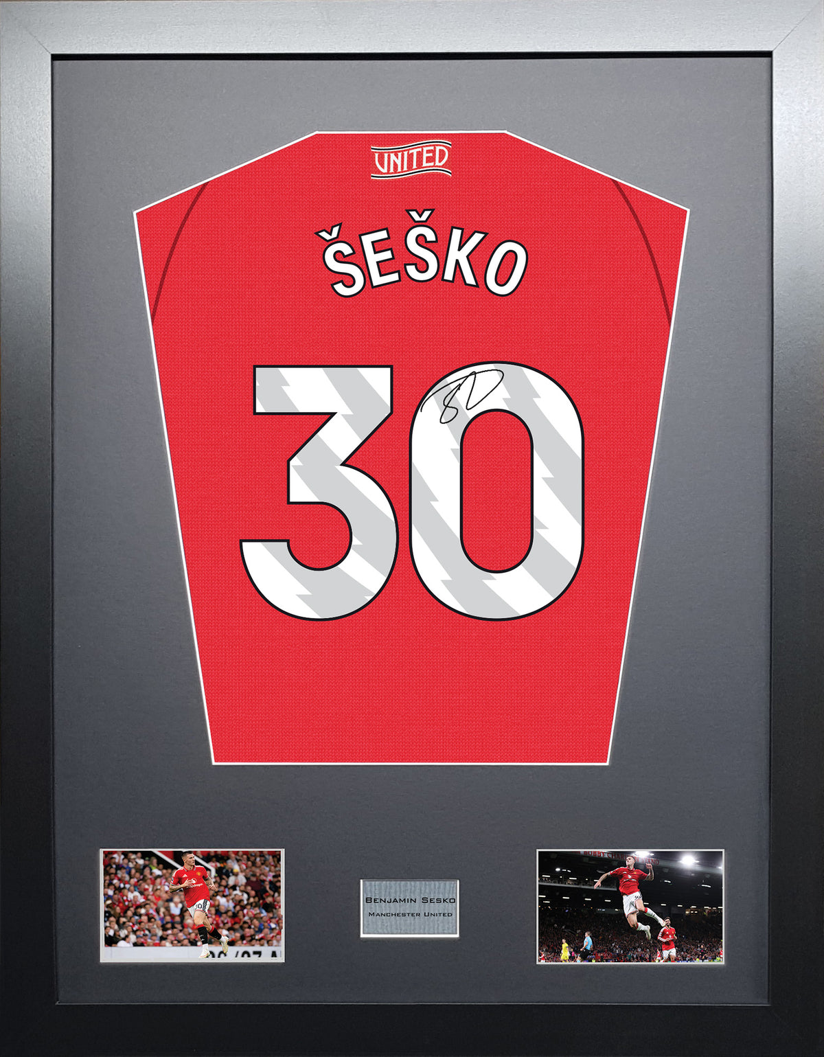 Benjamin Sesko Standard framed football shirt display with machine-applied signature