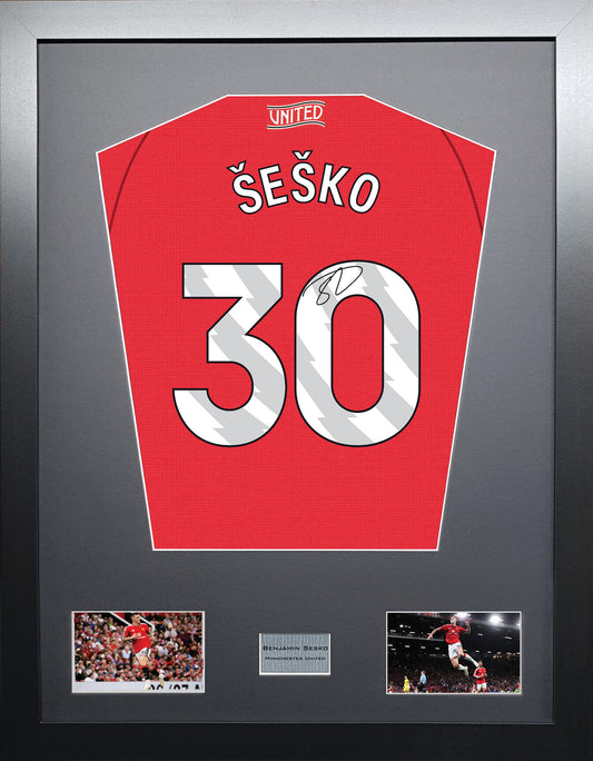 Benjamin Sesko Standard framed football shirt display with machine-applied signature