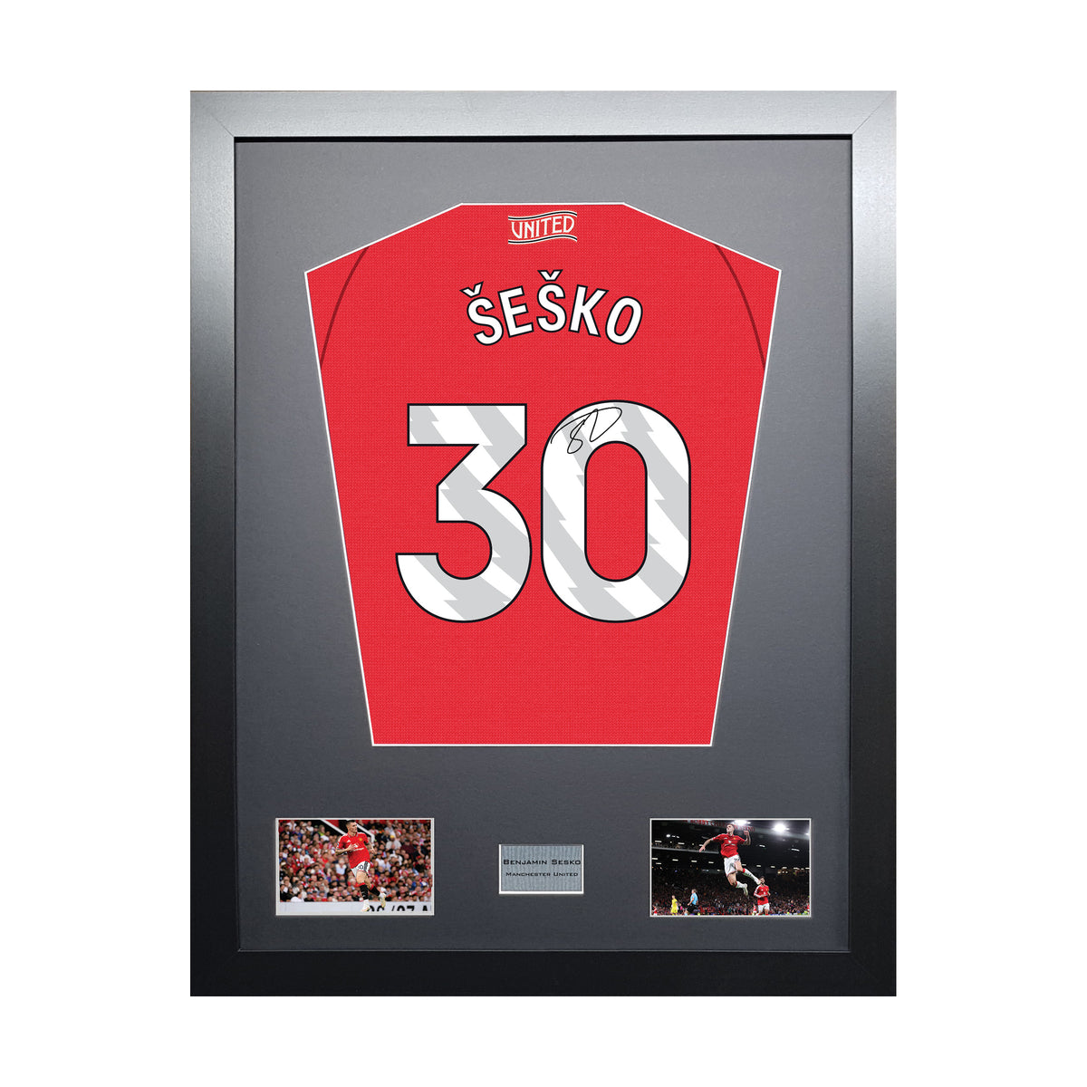 Benjamin Sesko Standard framed football shirt display with machine-applied signature on white background