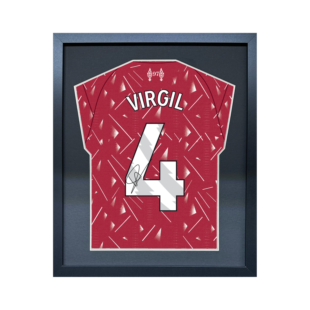 Virgil van Dijk compact Gift 450 framed football display with black/silver mount and machine-applied pen signature on white background