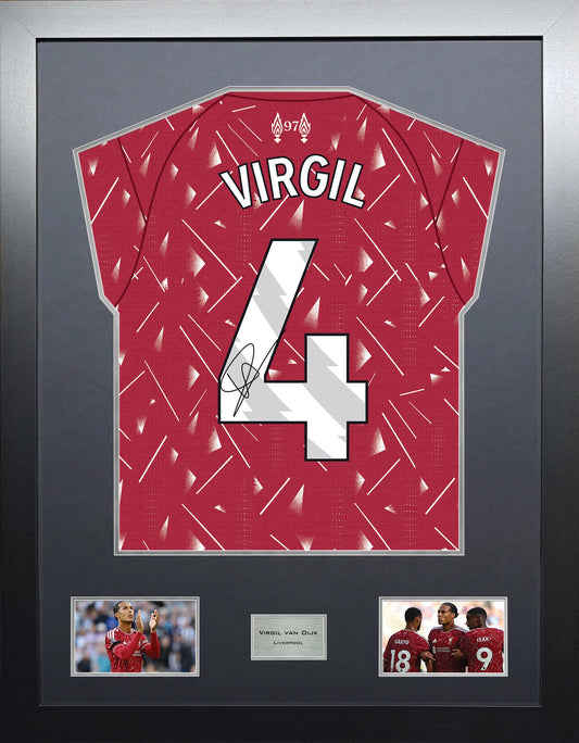 Virgil van Dijk Highline framed football shirt display with machine-applied signature and black/silver mount