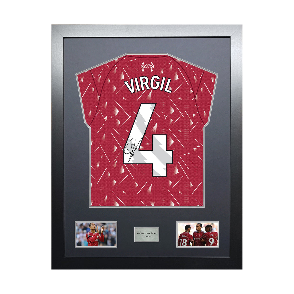 Virgil van Dijk Highline framed football shirt display with machine-applied signature and black/silver mount on white background