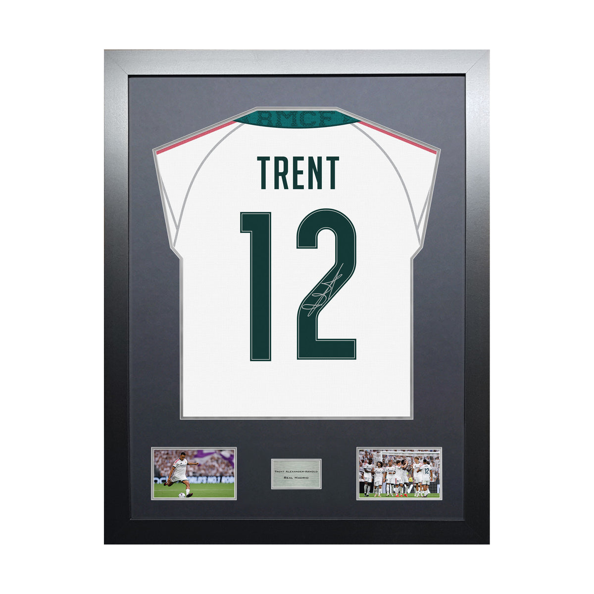 Trent Alexander-Arnold Highline framed football shirt display with machine-applied signature and black/silver mount on white background