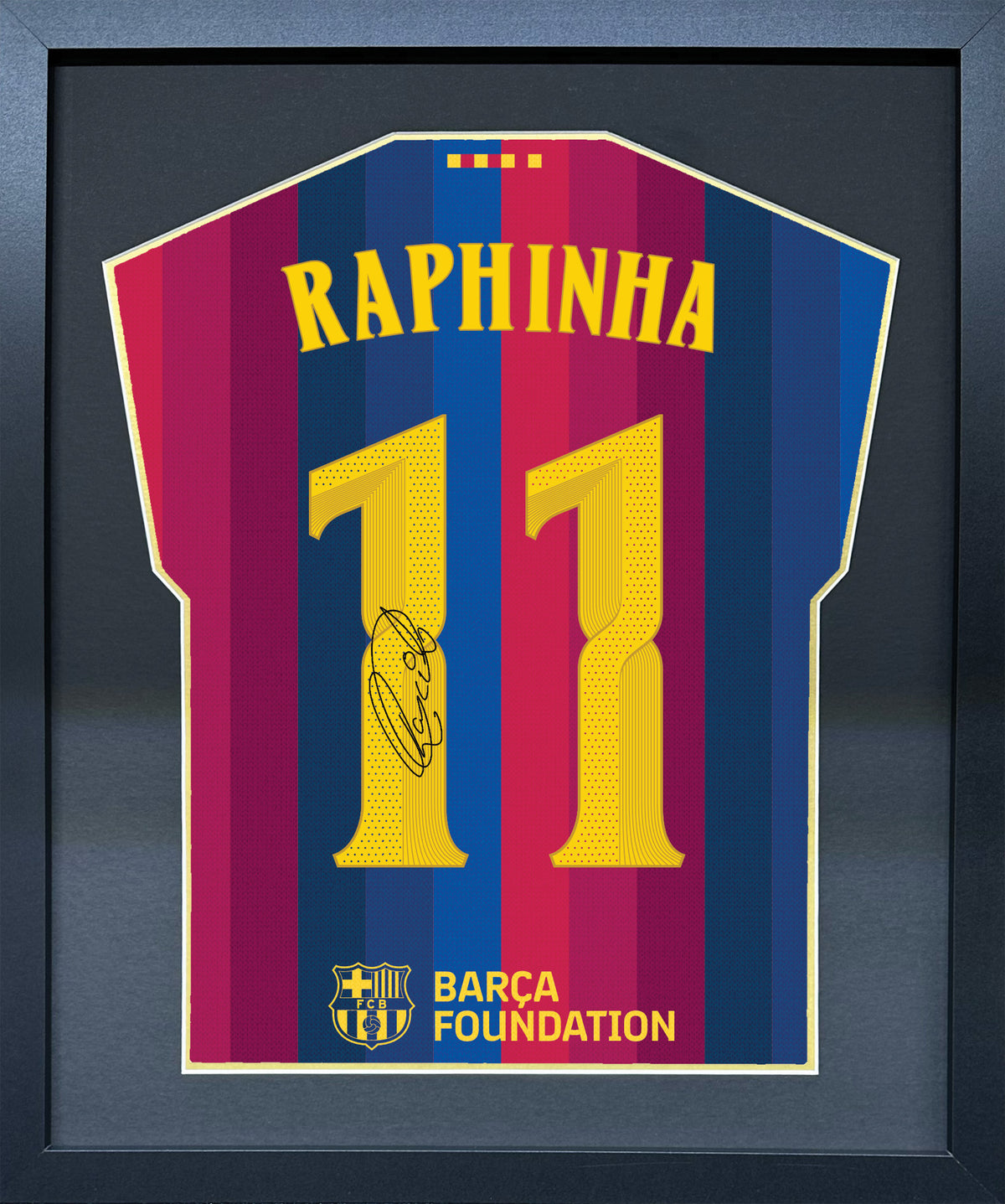 Raphinha compact Gift 450 framed football display with black/gold mount and machine-applied pen signature