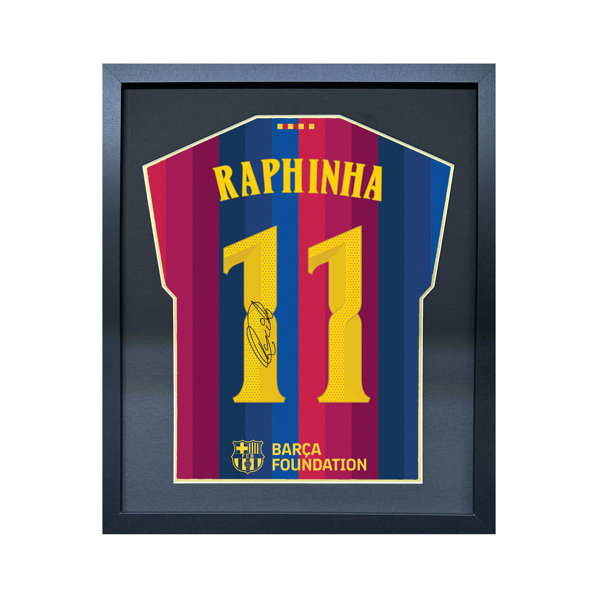 Raphinha compact Gift 450 framed football display with black/gold mount and machine-applied pen signature on white background
