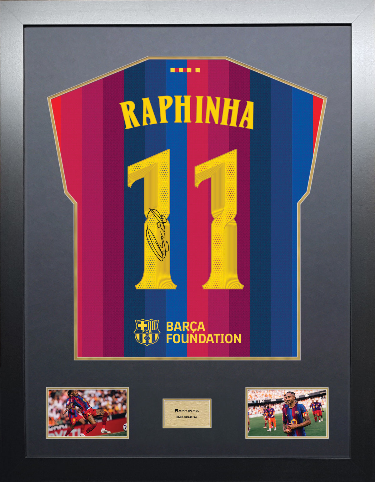 Raphinha Highline framed football shirt display with machine-applied signature and black/gold mount