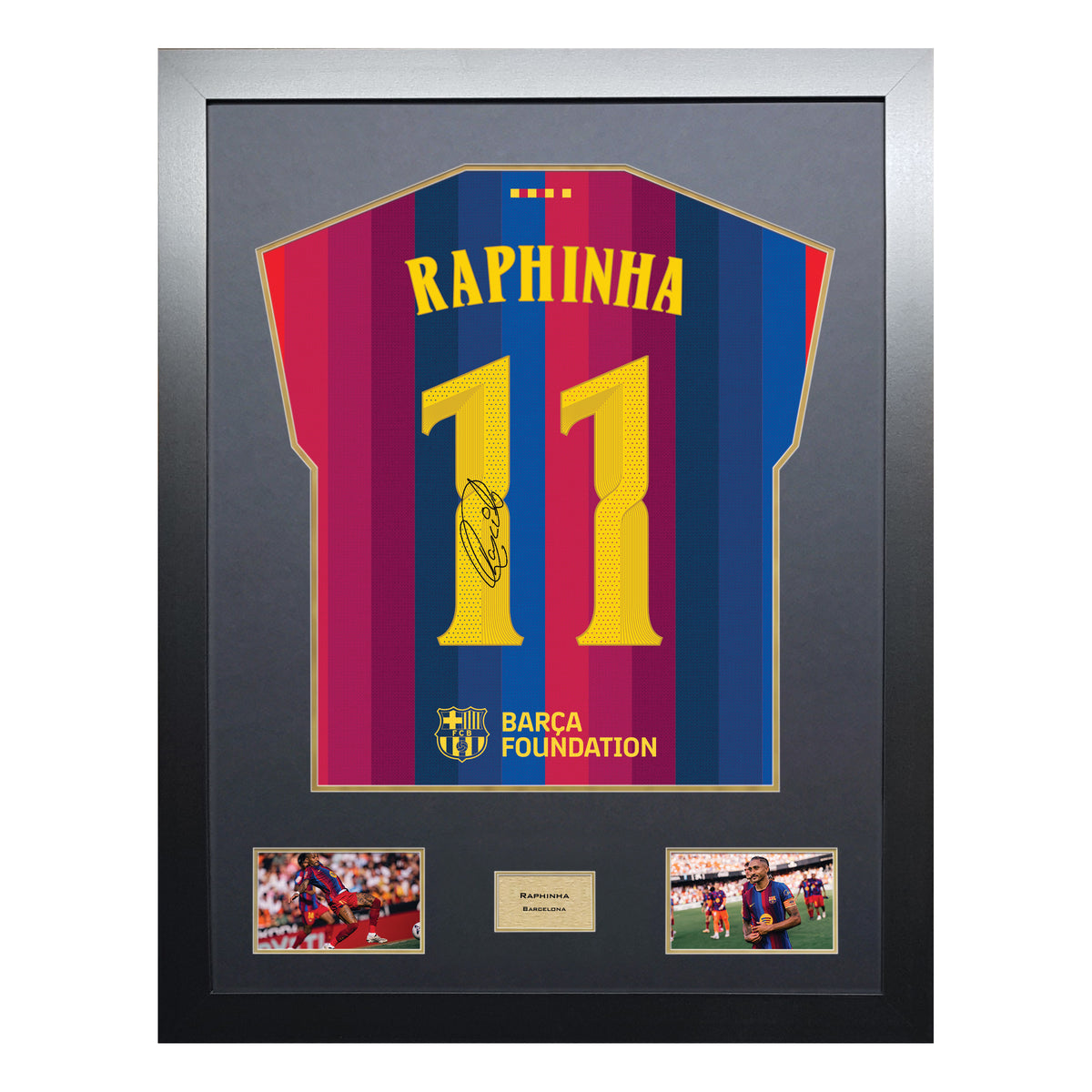 Raphinha Highline framed football shirt display with machine-applied signature and black/gold mount on white background