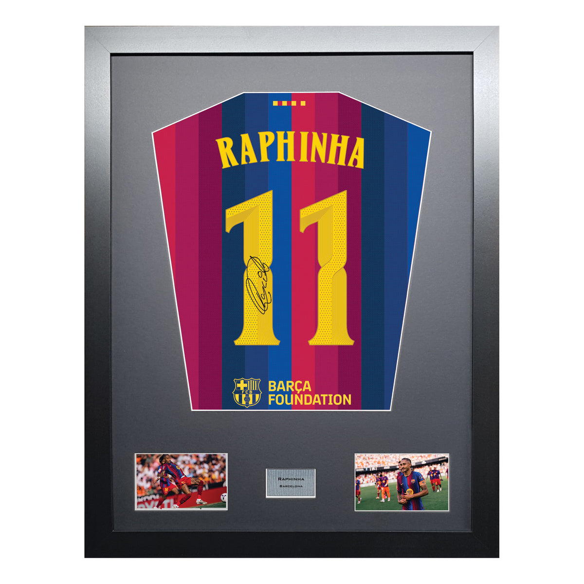 Raphinha Standard framed football shirt display with machine-applied signature on white background