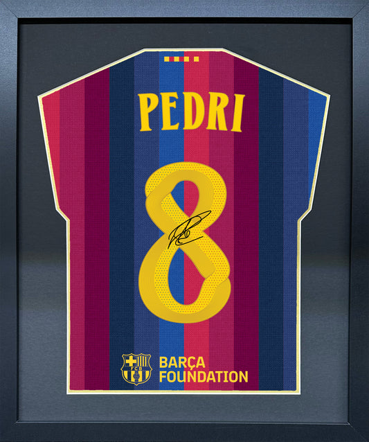 Pedri compact Gift 450 framed football display with black/gold mount and machine-applied pen signature
