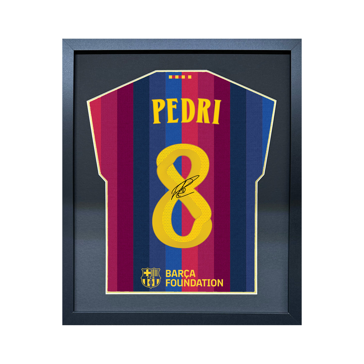 Pedri compact Gift 450 framed football display with black/gold mount and machine-applied pen signature on white background