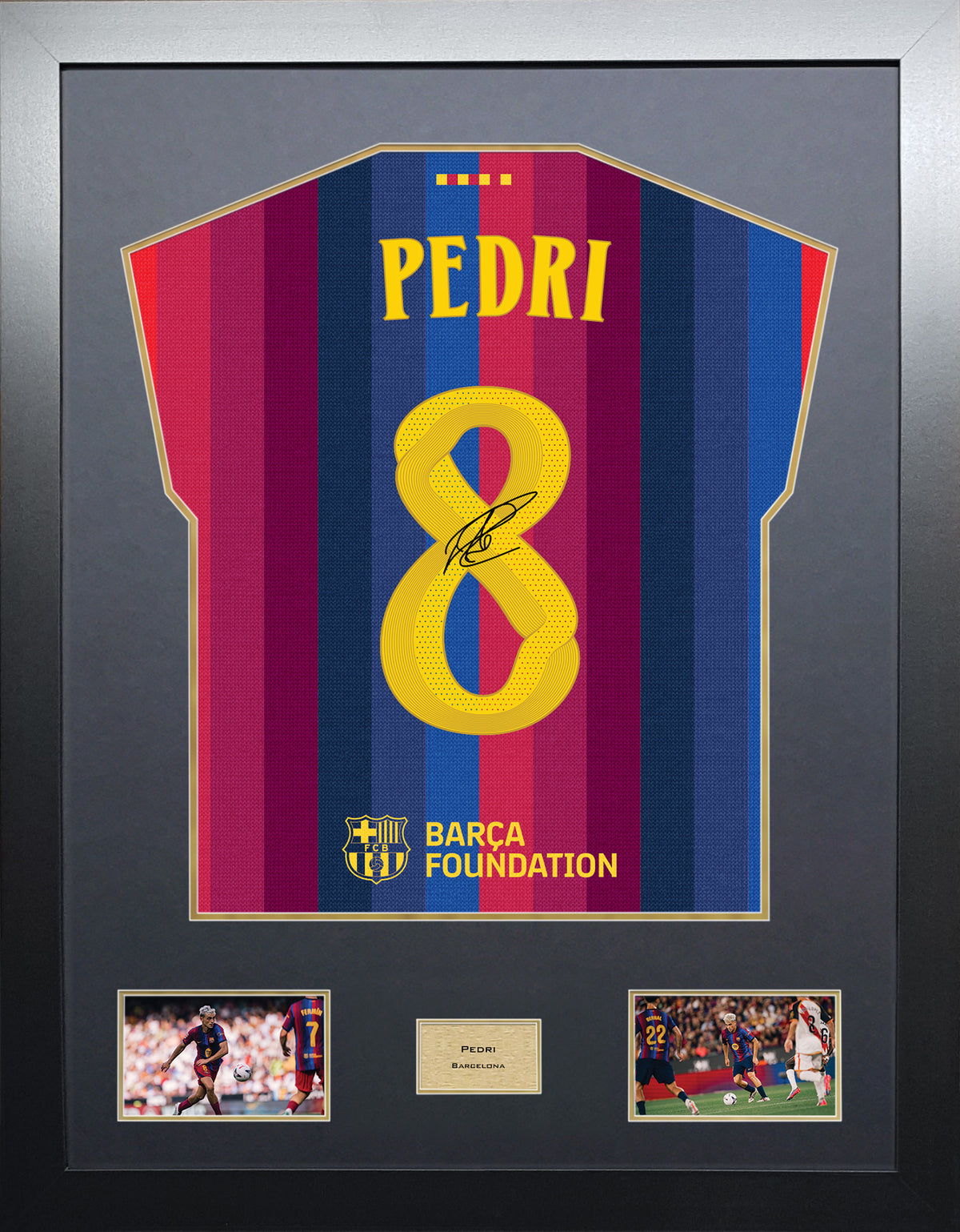 Pedri Highline framed football shirt display with machine-applied signature and black/gold mount